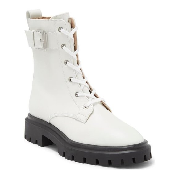 $725 Stuart Weitzman Ultra Lug Buckle Combat Boot RUGGED LEATHER WHITE 8 (PB11)